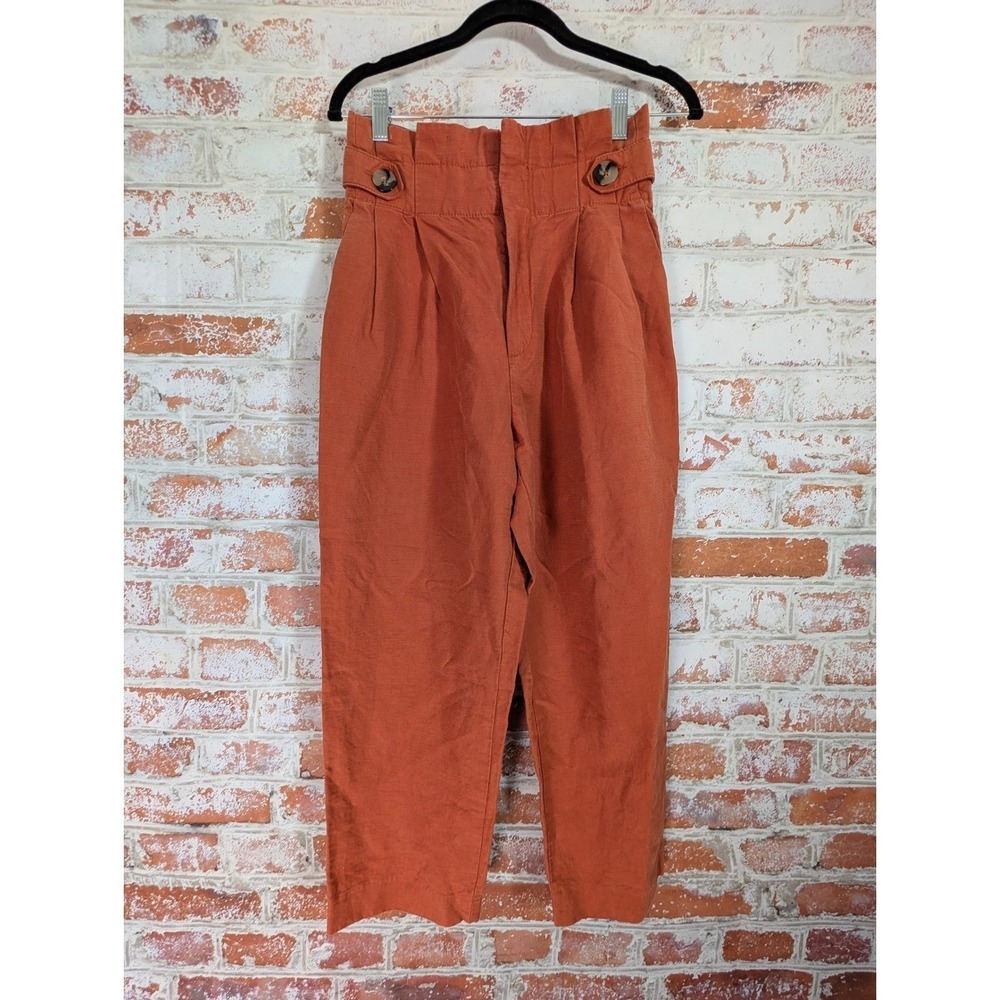 Zara Paperbag Pants Women XS Orange‎ High Waist Pleated Cropped Trousers
